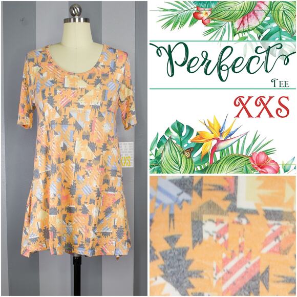 LuLaRoe Perfect Tee XXS Abstract Geometric Orange Gray Blue Swing Tunic Tee Top - Picture 8 of 8